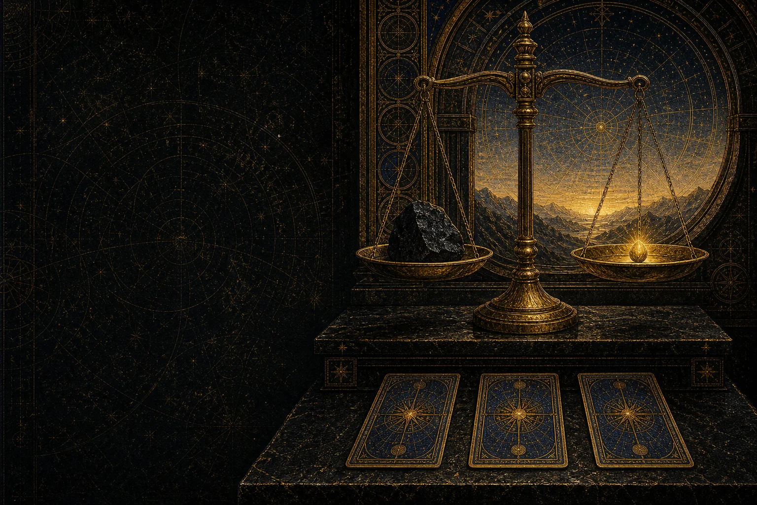 Une balance dorée avec une pierre et une graine près de trois cartes de tarot originales