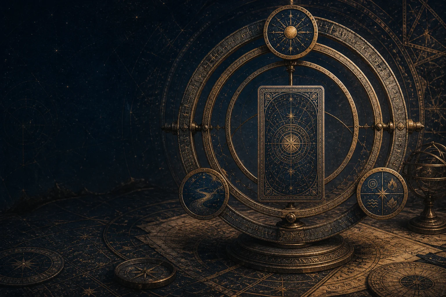 Carte scellée dans un grand astrolabe à trois anneaux sur une table astronomique