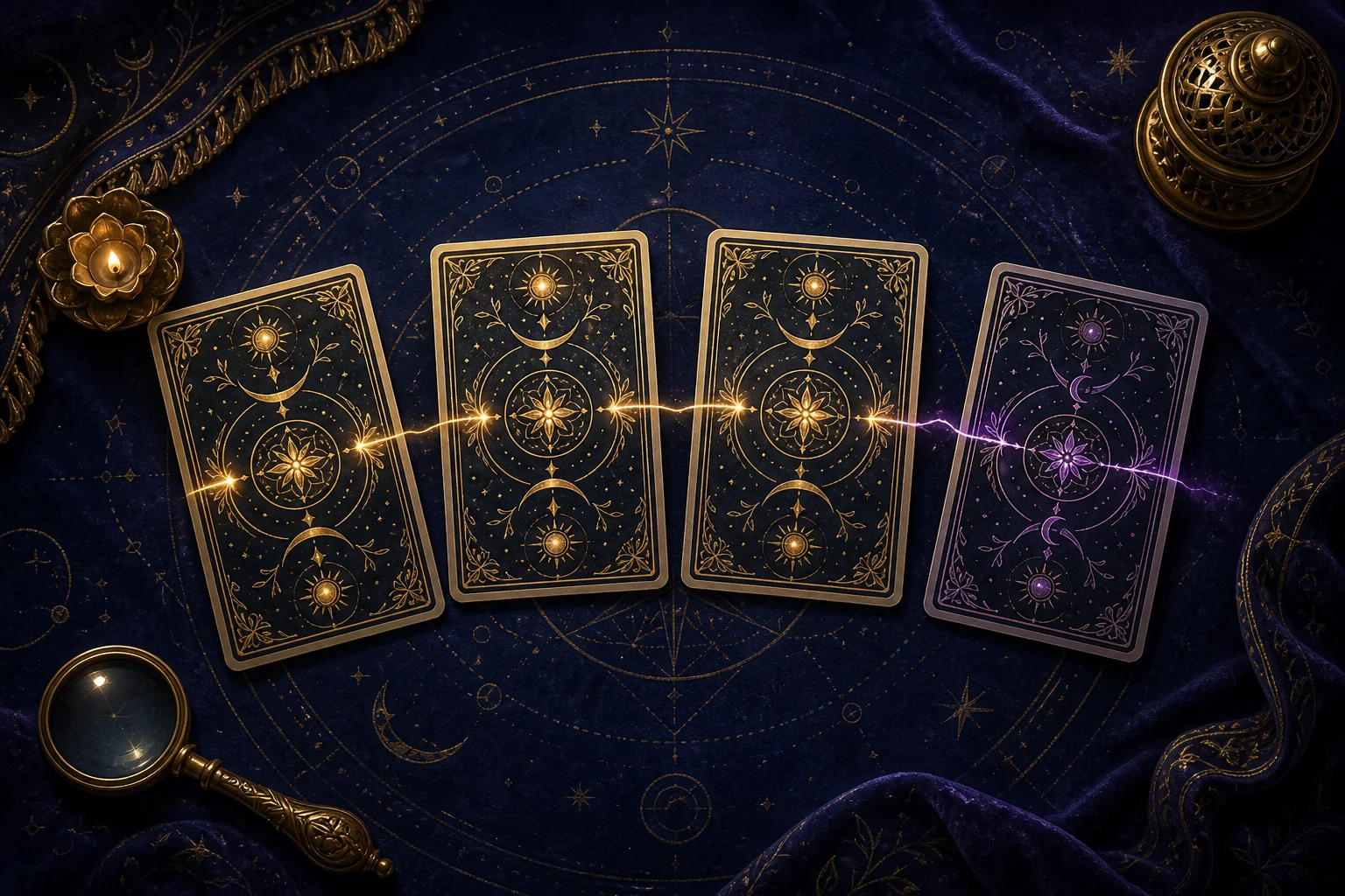 Quatre cartes fermées sur du velours bleu ; trois sont reliées par un fil doré et une s’écarte en violet