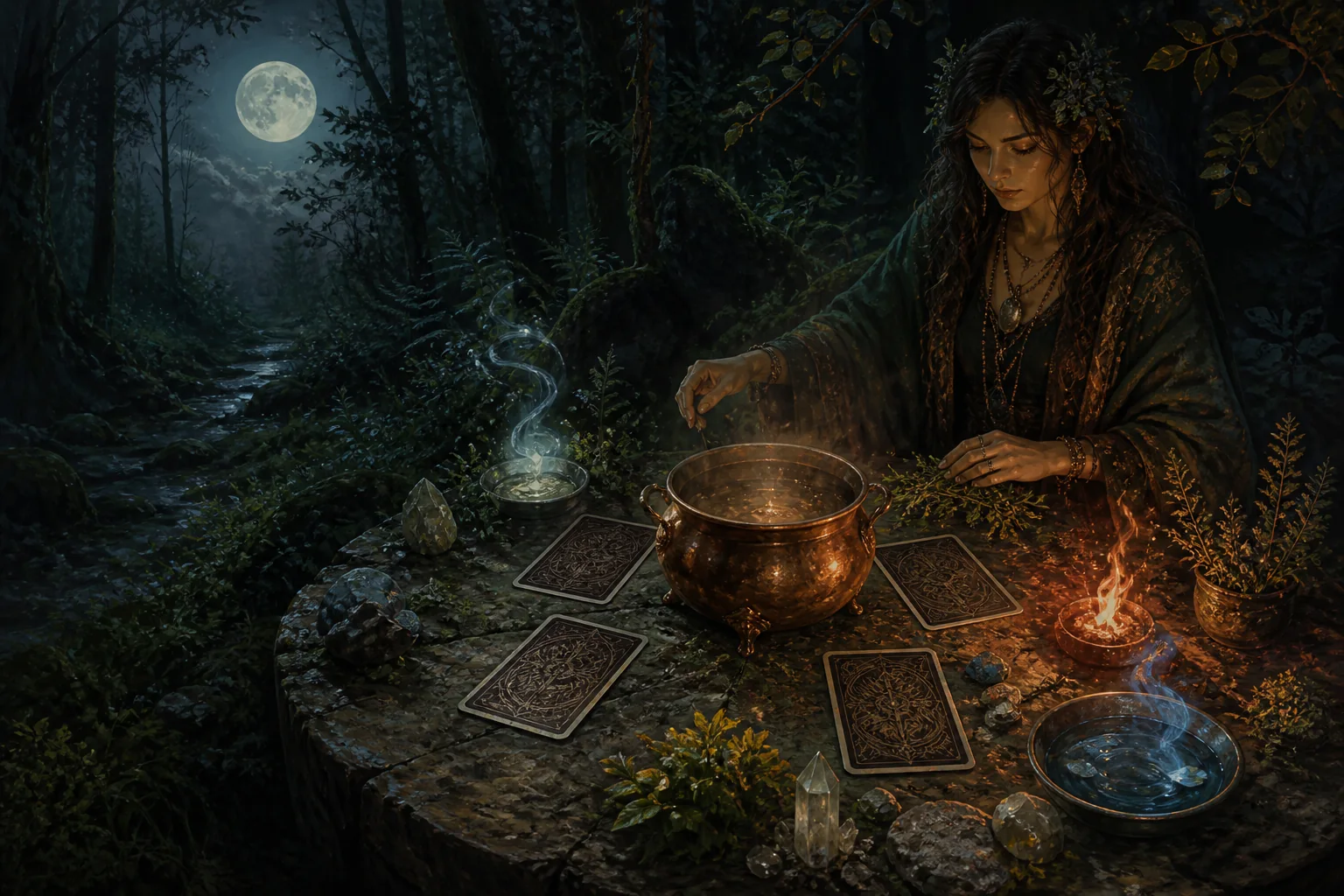 Un cercle de sorcière avec quatre cartes originales, des herbes et un chaudron au clair de lune