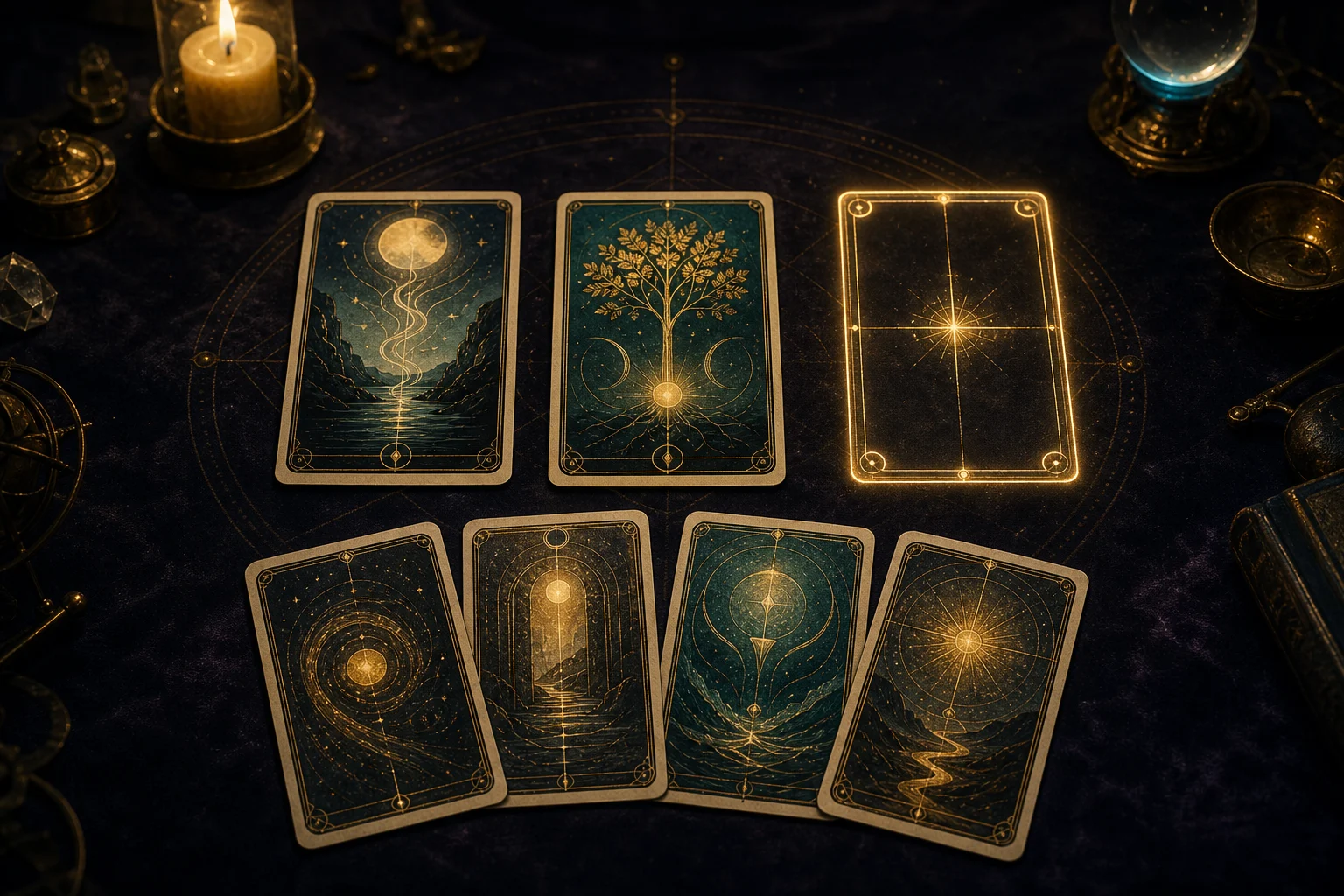 Tirage nocturne avec deux cartes ouvertes, une troisième place lumineuse et quatre réponses possibles
