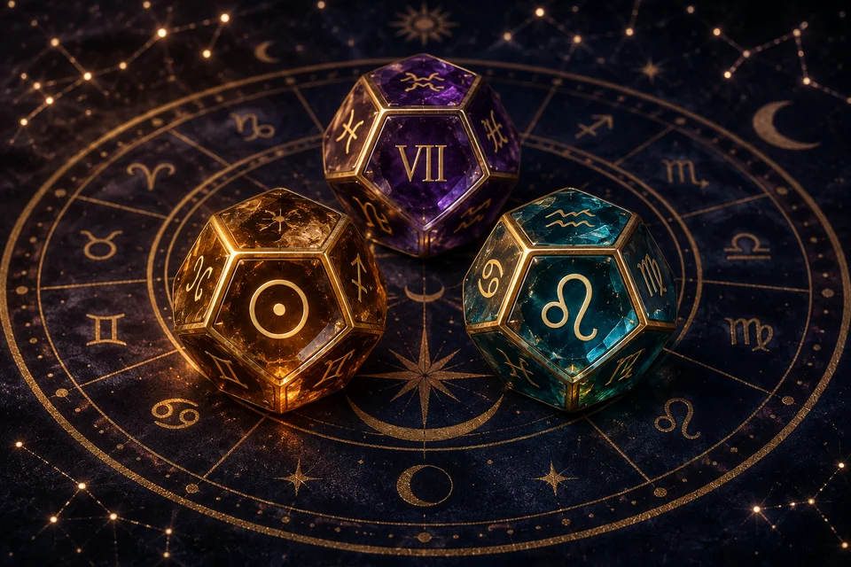 Trois dés astrologiques en cristal ambré, turquoise et violet sur une roue céleste