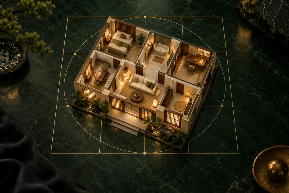 Maquette d’une maison accueillante sur des lignes de plan dorées, sur fond vert jade