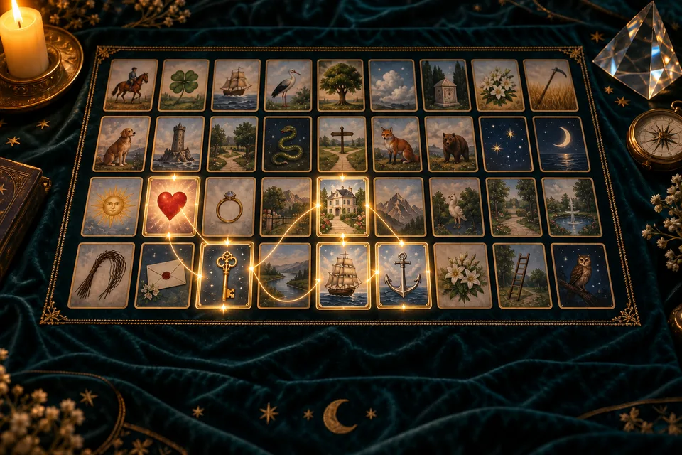 Un tableau de cartes Lenormand sur du velours vert, reliées par des fils de lumière