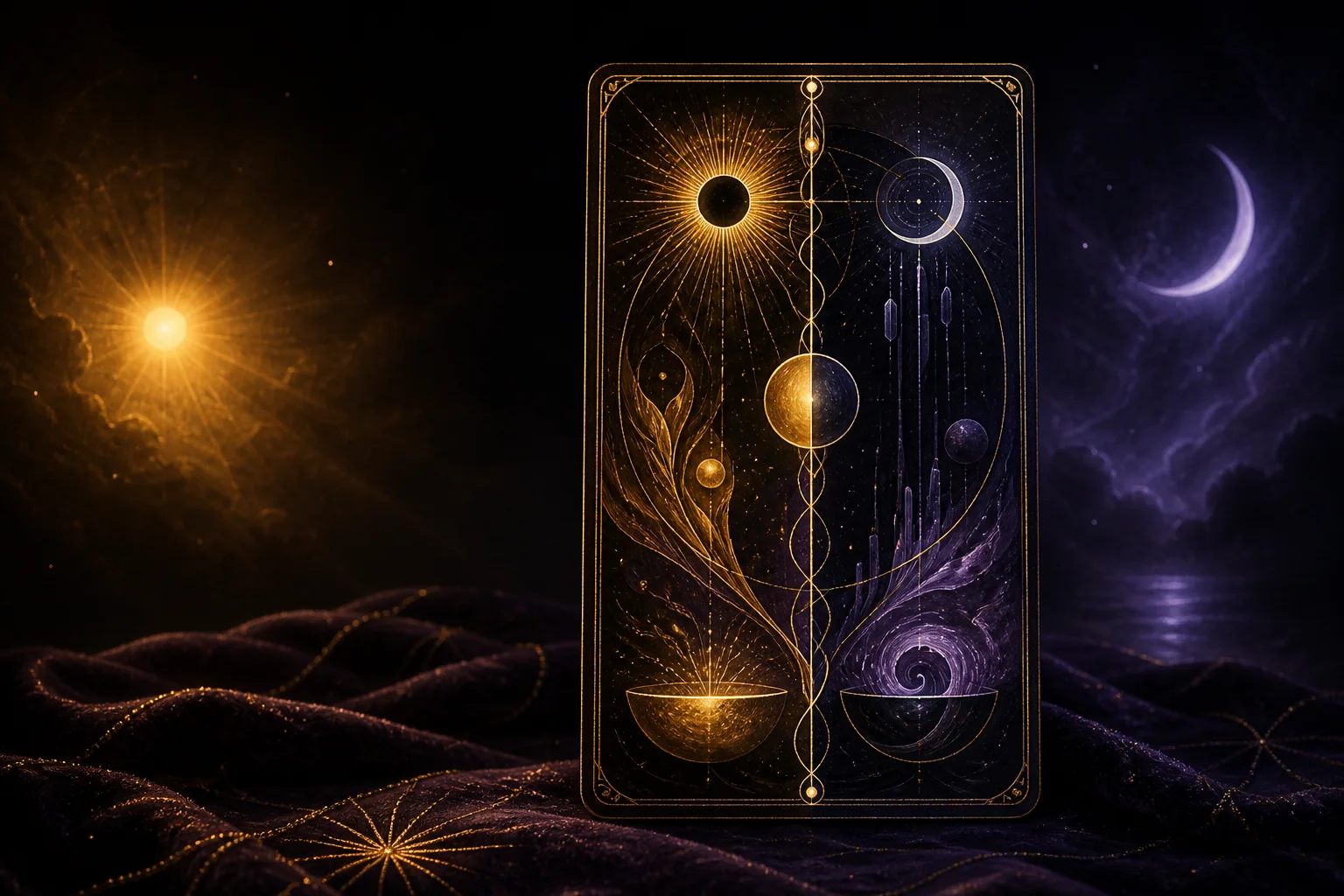 Une carte symbolique originale éclairée par un soleil doré et une lune violette sur du velours sombre