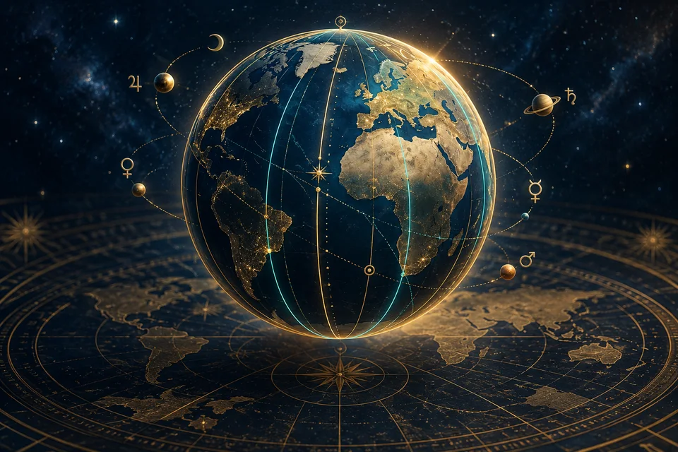 Globe terrestre bleu parcouru de lignes planétaires dorées