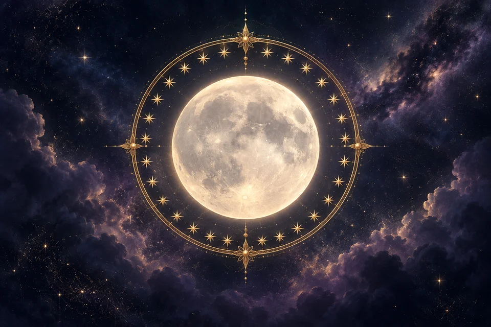 Lune lumineuse entourée d’un anneau doré d’étoiles sur un ciel indigo