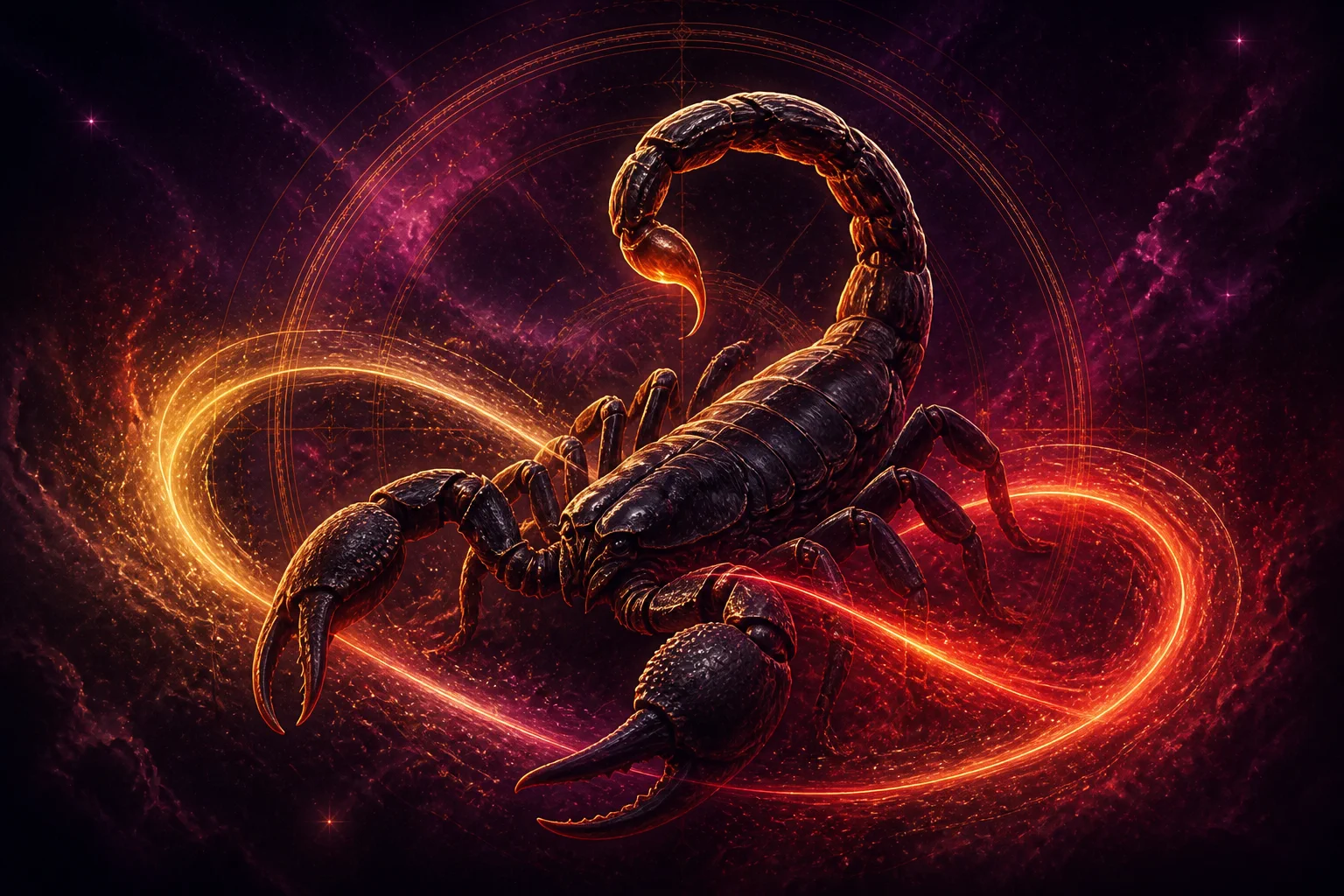 Scorpion en amour, entouré d’énergie cosmique dorée et rose