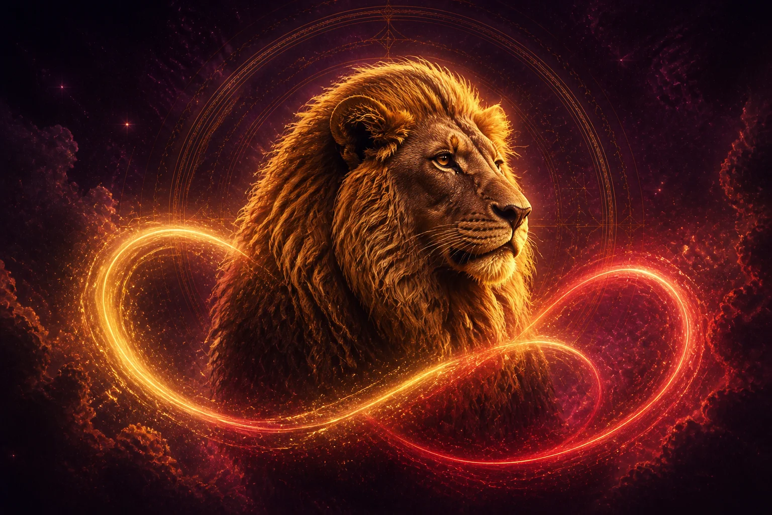 Lion en amour, entouré d’énergie cosmique dorée et rose