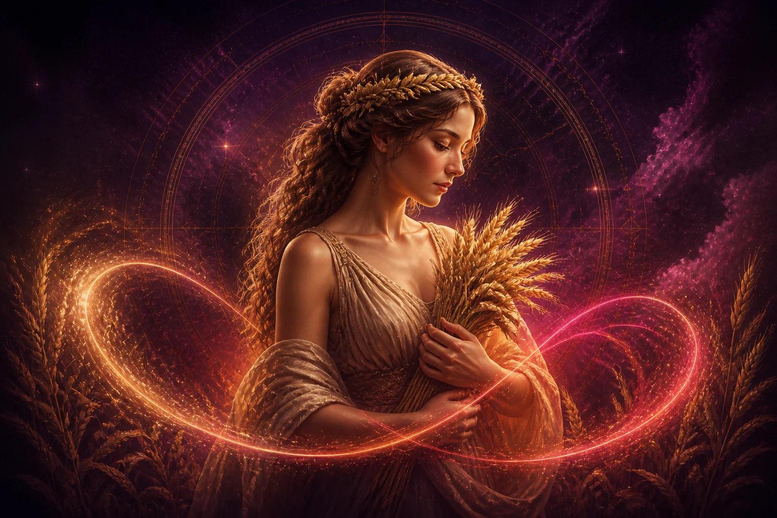 Vierge en amour, entouré d’énergie cosmique dorée et rose