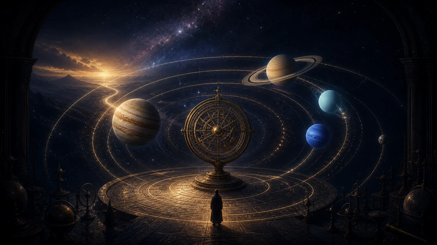 Observatoire céleste où Jupiter, Saturne, Uranus, Neptune et Pluton parcourent leurs orbites