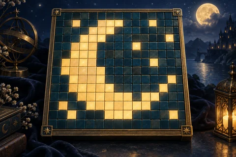 Lune composée de cases dorées sur une mosaïque bleue
