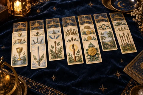 Cartes de tarot disposées en colonnes de solitaire sur un tapis bleu